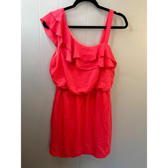 One-Shoulder Coral Pink Ruffle Dress L City Triangles Polyester Made In USA - Picture 1 of 4